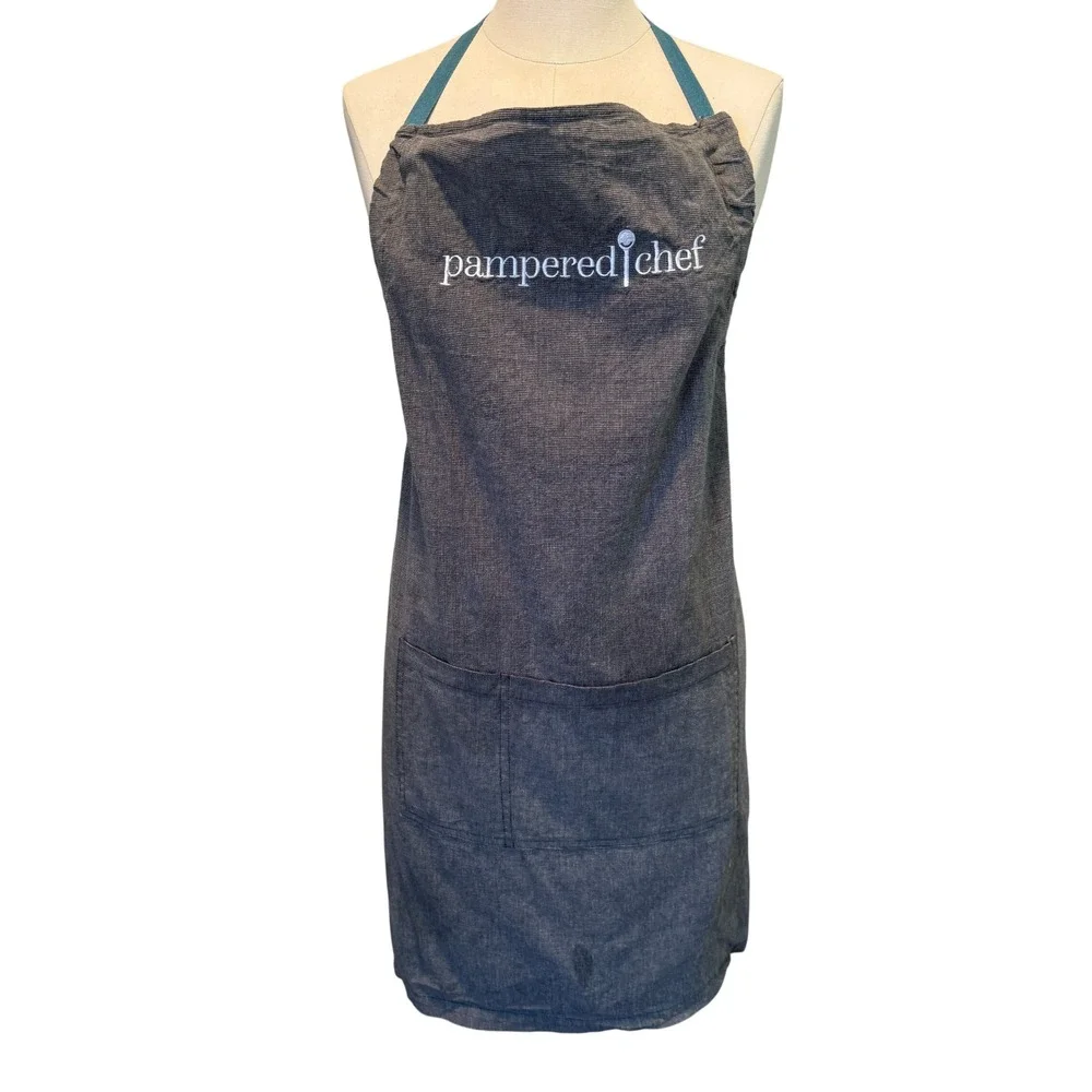 Pampered Chef Grey Chambray Cotton Apron with Pockets‎ and Teal Ties Logo